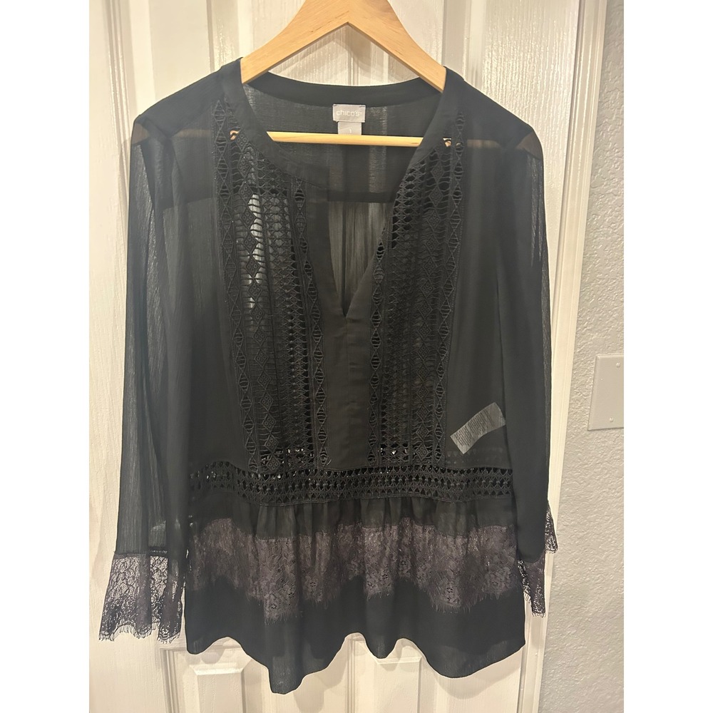 Chico's Blouse Black Crochet Lace Trim Sheer Split Neck Long Sleeve Top‎